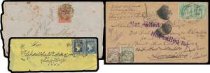 India: Batch of covers including 1855 with Â½a blue x2 in different shades on yellow envelope (attractive), 1858 part-outer with 1a red, 1858 with Â½a blue tied by '138' cancel with 'BOMBAY GPO/1 Dely' unframed b/s, 1872 East India Railway Electric Telegr