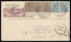 India: 1931 Combination Franking of India KGV 1a x3 & 3a x2 and USA Airmail 5c Winged Globe on 'Woman's Hospital, American Baptist Mission' cover endorsed "Air Mail Karachi to Croydon and New York City to Denver, Colo" all tied 'GAUHATI/17SEP31' cds, 'PAR