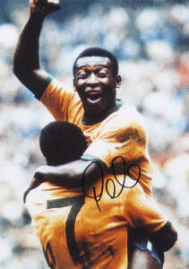 PELE, signed photograph, window mounted with two other pictures, framed & glazed, overall 74x64cm.