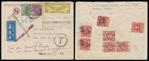 India: 1933 Combination Franking of India KGV Â½a & 1a3p tied by 'BOMBAY FOREIGN/7OCT33' cds and USA Airmail 8c Winged Globe on Dollar Steamship Lines cover endorsed "Via Air Mail to Europe/Via Air Mail New York City to California" from Purser on board t