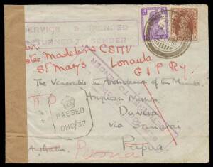 India: 1942 to Papua addressed to "The Venerable Archdeacon of the Mamba, Anglican Mission, Duvira, via Samarai" with KGVI Â½a & 3a tied 'LONAVLA/12APR42' d/s and 'DHC/37' censor cachet but undeliverable with 'SERVICE SUSPENDED/RETURNED TO SENDER' boxed c