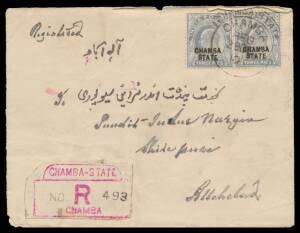 India: CONVENTION STATES: Mostly postal stationery group with a few covers noted 1903 QV Â½a without overprint tied 'GWALIOR-STATE/VICEROY'S CAMP POST OFFICE' hooded-circle d/s and 1910 registered with KEVII 3p 'CHAMBA/STATE' overprints x10 & provisional 