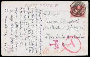 Japan: TAIWAN: 1930 PPC ("View of Takao City") to Western Australia with 3s red only tied 'TAINAN/TAIWAN/JAPAN' cds, taxed with 'CTMS/T' h/s in violet and manuscript "T"-in-circle alongside, Sydney arrival of 9JY30 on view side but no evidence of collecti