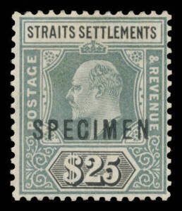 Malaya: STRAITS SETTLEMENTS: 1906 KEVII Wmk MCA $25 grey-green & black SG 139 overprinted 'SPECIMEN', lightly mounted, Cat Â£475.