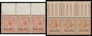 Nauru: 1916-23 Overprints on Great Britain KGV Heads annotated exhibit pages with shades, 1Â½d x6 singles, 2d Die I with the Watermark Inverted & Reversed and vertical gutter pair with Double Overprint One Albino on the upper unit only, 2d Die II x6, Thic