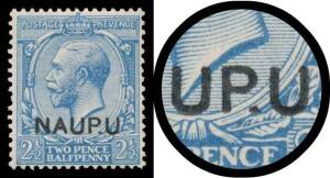 Nauru: 1916-23 Overprints on Great Britain KGV Heads Â½d green with 'NAUP.U' SG 1a being the central unit in a marginal strip of 3 [R6/1-3], the last unit with Short 'N' (unmounted); 1d scarlet with NAUP.U' (Early State); 2d orange Die I wih 'NAUP.U' SG 4