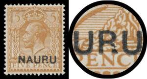 Nauru: 1916-23 Overprints on Great Britain KGV Heads 5d yellow-brown with 'NAUP.U' (Early State) SG 9a, unmounted, Cat Â£2250+ (mounted).