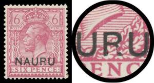 Nauru: 1916-23 Overprints on Great Britain KGV Heads 6d purple with 'NAUP.U' SG 10a, faint toning, lightly mounted, Cat Â£1600. [Keith Buckingham didn't have a mint or used example of this stamp, which is the highest denomination on which 'NAUP.U' appears