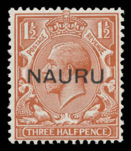 Nauru: 1923 Central Overprints on Great Britain KGV Heads 1Â½d brown with Double Overprint One Albino SG 15a, unmounted, Cat Â£225+ (mounted). [Keith Buckingham's & John Darnell's mounted examples sold for Â£195 & $368 respectively]