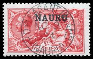 Nauru: 1916-23 Overprints on Great Britain Seahorses - WATERLOW PRINTINGS: 5/- rose-carmine SG 17, CTO with non-contemporary Madame Joseph 'PO PLEASANT ISLAND/NO2/24/(NAURU)' cds forgery, large-part o.g., Cat Â£2250. Friedl Certificate (1980).