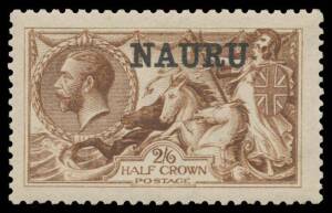 Nauru: 1916-23 Overprints on Great Britain Seahorses DE LA RUE PRINTINGS: 2/6d shades comprising Sepia-Brown SG 19 with 'SPECIMEN' Overprint (minor toning), Yellow-Brown SG 20 x4 (one noted as "Deep Yellow Brown - a rare shade"), Brown SG 21 x3 (one noted