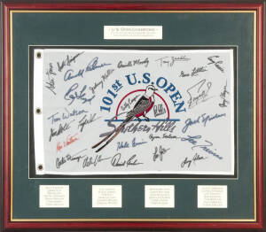 U.S.OPEN CHAMPIONS, display comprising "101st U.S. OPEN" Flag from 2001 US Open at Southern Hills, signed by 26 Open Champions - Billy Casper, Ernie Els, Ray Floyd, Retief Goosen, David Graham, Hale Irwin, Tony Jacklin, Lee Janzen, Steve Jones, Tom Kite, 