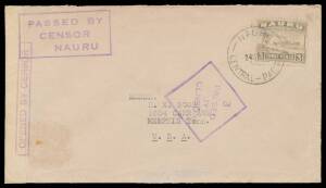 Nauru: WORLD WAR II CENSORSHIP: 1941 (May 24) apparently commercial cover to Tennessee with plain label with two strikes of the boxed 'OPENED BY CENSOR' h/s (Little #L2) & superb strike of the boxed 'PASSED BY/CENSOR/ NAURU' cachet (#H2), also with diamon