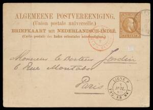 Neth Indies: 1882 1882 7Â½c Postal Card to France with Weltevreden cds, superb strike of the rare French 'LIGNE P/ 3/JUIL/82/PAQ FR No 1' cds on the face, 'LIGNE N/28JUIL/82/PAQ FR No 9' transit b/s & 'MODANE A PARIS/4/AOUT/82' TPO transit cds in red on t