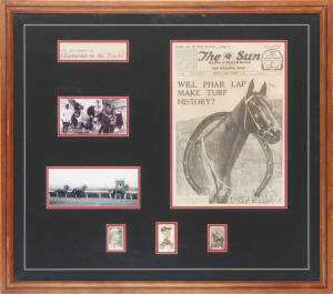 PHAR LAP, display comprising front page of 'The Sun' from Melbourne Cup day in 1931, "Will Phar Lap Make Turf History?", window mounted with signature of Jim Pike (scarce), two photographs & 3 cards, framed & glazed, overall 80x71cm.