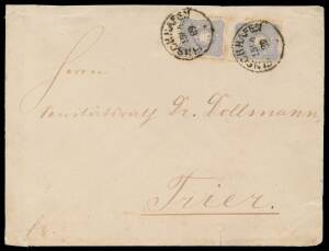 New Guinea - German: 1889 commercial cover to Germany with German 20pf x2 tied by two fine strikes of the 'FINSCHHAFEN/15 4/89' cds, 'TRIER/1 6/89' arrival b/s, a little aged with minor toning around the stamps & a few small repaired peripheral tears. [Th