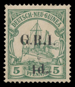 New Guinea - GRI: Deutsch Neu-Guinea 6mm Spacing '1d.' on 5pf with Short '1' SG 2b (a bit aged, Ceremuga Certificate) & '2Â½d.' on 10pf (very fine, unmounted), 5mm Spacing '3d.' on 25pf x2 (one with hinge remainder; the other with a rounded corner) & '5d.