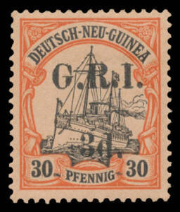 New Guinea - GRI: 1914-15 6mm Spacing '1d.' on 5pf, '2Â½d.' on 10pf, '2Â½d.' on 20pf (unmounted) & '3d.' on 30pf SG 2 5 6 & 8, lightly mounted, Cat Â£750+. (4)