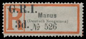 New Guinea - GRI: 1915 'G.R.I./3d.' on German Registration Labels 'Manus/(Deutsch Neuguinea)' SG 39 Setting C [2, light crease, large-part o.g.], [3, faults], [4, a few short perfs, large-part o.g.] & [5, large-part o.g.], Cat Â£1300. (4)