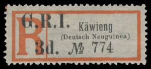 New Guinea - GRI: 1915 'G.R.I./3d.' on German Registration Labels Seriffed Town Name 'Kawieng/(Deutsch Neuguinea)' SG 42 Setting A [1, short perfs at left), [2], [4, short perfs at top] & [5, large-part o.g.] and Setting B [1], Cat Â£1250. (5)