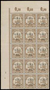 New Guinea - GRI: 1914 Overprints on Marshall Islands '1d.' on 3pf brown with Flat Top on '1' SG 50c being all units in the first & second columns of an upper-left corner block of 15 (3x5) with Plate Number '1', variable centring, unmounted, Cat Â£2350++ 