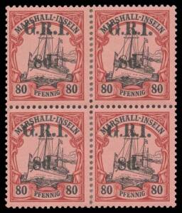 New Guinea - GRI: 1914 Overprints on Marshall Islands '8d.' on 80pf SG 58 block of 4 (Setting 2; Positions 1 & 2, split vertically & skilfully rejoined with hinge reinforcement), Cat Â£1900+. A very scarce multiple. Brun/Shanahan (1957) & Holcombe (1995) 