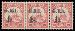 New Guinea - GRI: 1915 (Jan) Additional Surcharge '1' on '2d.' on 10pf SG 63 horizontal strip of 3, the second unit with slight Misplacement of '1' to Left, excellent centring, minor perf reinforcing, Cat Â£600++. Jurgen Kilian (1985) & RPSofL (1986) Cert