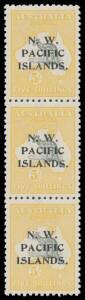 New Guinea - NWPI: 1915-16 Kangaroos Second Wmk 5/- grey & chrome-yellow SG 92 abc strip, well centred, the two lower units are unmounted, Cat Â£300++.