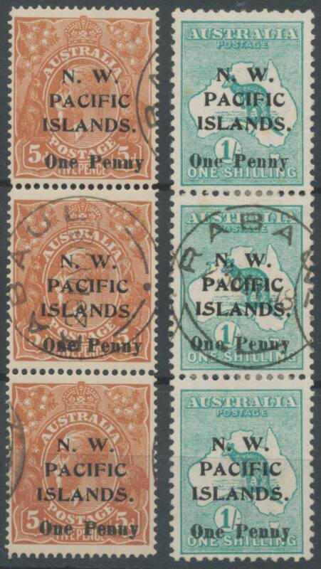 New Guinea - NWPI: 1918 Surcharges 'One Penny' on KGV 5d SG 100 (exceptional centring) & Kangaroo 1/- SG 101 (two units uncancelled) abc strips of 3, CTO with large-part o.g., Cat Â£800+. (2 strips)