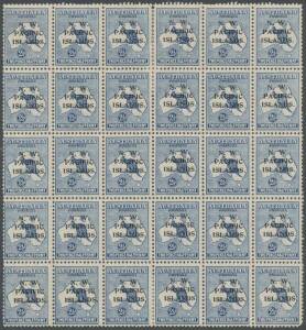 New Guinea - NWPI: 1918-23 Fifth Setting 2Â½d blue SG 108 complete forme of 30 from the left-hand pane [L1-30] with listed varieties White Scratch off Cape Leeuwin, Islands to East of Cape York [11] and Islands South-West of Western Australia [30, rounded