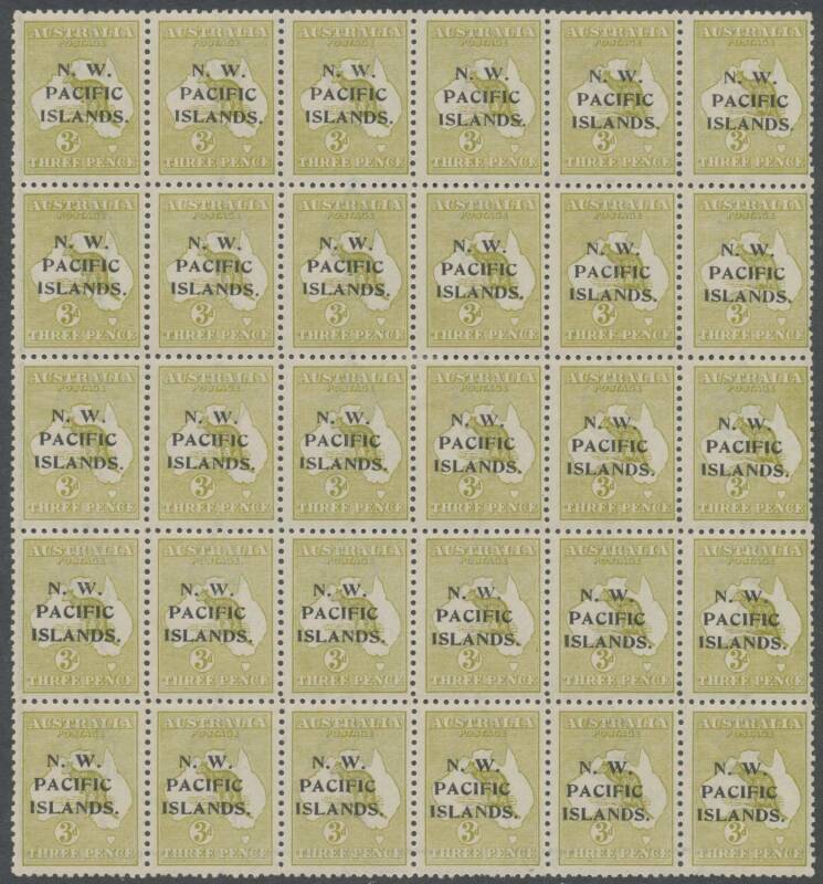 New Guinea - NWPI: 1918-23 Fifth Setting 3d olive Die I SG 109 complete forme of 30, generally well centred, most units are unmounted, Cat Â£690++ as mounted singles. Very scarce.