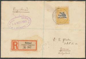 New Guinea - NWPI: 1917 Blatter cover with Second Wmk 5/- type b tied by 'RABAUL' cds, very fine '[crown]/PASSED CENSOR/30NOV1917/ RABAUL' cachet in violet & German-type registration label, Sydney & Bern b/s, soiled.