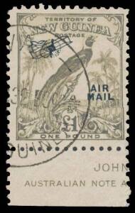 New Guinea: 1932 Undated Birds 'AIR/MAIL' overprint Â£1 SG 203 marginal example with partial 'JOHN ASH' imprint, fine used with light part 'WAU' cds cancel, Cat Â£55+. Very scarce.