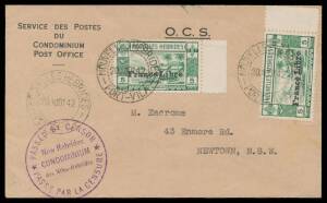 New Hebrides: 1942 (Aug 20) OCS cover to Sydney per special Qantas flight AAMC #947a with 'France Libre' 5c x2 tied by French cds & superb 'PASSED BY CENSOR/PASSE PAR LA CENSURE' cachet in violet, 'ENMORE/2SE42/NSW' arrival b/s, Cat $600. Rare. Ex Tom Fro