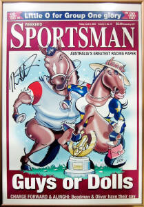 ALINGHI: 2004 'Sportsman' artwork depicting Alinghi signed by Damien Oliver (framed, 30x42cm); plus range of magazines & ephemera including 1988 Melbourne Cup magazine; "Racetrack Souvenir Edition" for 2003 & 2004; "Football Record"s for Australia v Irela