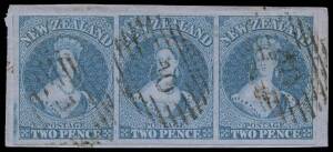 New Zealand: 1855-58 Richardson Printings on Blue Paper 2d blue SG 5 horizontal strip of 3, margins good to large tied to piece by '10' cancels of Wellington, the last unit with small scissor-cut at upper-right just intruding on the design otherwise super