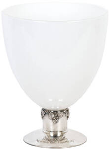 ALINGHI'S NEWMARKET HANDICAP TROPHY: Goblet-shaped trophy, 31cm tall, top hand-blown Australian glass, base sterling silver decorated with grapes and vines, engraved "Seppelt Wines, Newmarket Handicap" & "Flemington, 12th March 2005, Alinghi". Made by Pet