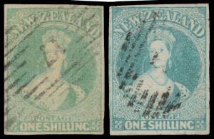 New Zealand: 1857-63 No Watermark Imperf 1/- dull emerald-green SG 16 of very fine appearance but professionally repaired, and 1/- blue-green SG 17 also of very fine appearance but with a concealed fault at lower-right, Cat Â£3600. Attractive "spacefille