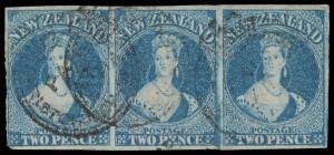 New Zealand: 1862-64 Large Star 2d dull deep blue SG 36 horizontal strip of 3, margins good to large except where just touched at lower-left, light but discernible strike - & two lesser strikes - of the very rare '[crown]/PAID/AT/CHRISTCHURCH CANTERBURY' 