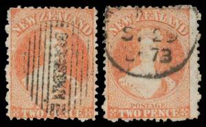 New Zealand: 1873 Wmk 'NZ' 2d vermilion SG 141, two examples with characteristic rough perfs, 'DUNEDIN'-in-thin-bars or part-1873 cds, Cat Â£700.