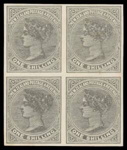 New Zealand: 1882-1900 Second Sidefaces Original Values 1d to 1/- (plus extra 1d 2d & 6d) imperforate plate proof blocks of 4 in black on ungummed unwatermarked thick wove paper, several blocks annotated as having varieties. (10 blocks)