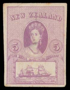 New Zealand: 1894 Proposed New Stamp Design of Chalon Portrait & Sailing Ship and inscribed 'THE LEWIS ENGRAVING PROCESS', imperforate proof in mauve, a little soiled & minor thinning. Prepared by Charles Lewis of Canterbury.