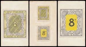 New Zealand: 1895 Stamp Design Competition Maori designs with central '8D' crudely drawn in black & yellow pencil & India ink, two stamp-size with crude "perforations" & two oversize imperforate, affixed to three pieces of thin card. Illustrated by Derek 