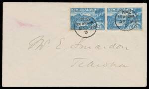 New Zealand: 1898 Pictorials London Printings with No Watermark Perf 12-16 2Â½d 'LAKE WAKITIPU' SG 249 horizontal pair tied to local cover by superb 'TEAROHA/5AP98' cds being the First Day of Issue. Superb!