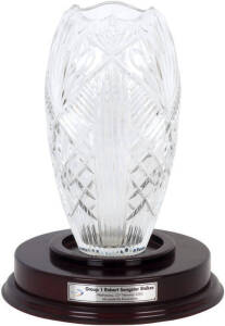 ALINGHI'S ROBERT SANGSTER STAKES TROPHY: Crystal vase, 34cm tall, on wooden display stand with plaque "Group 1 Robert Sangster Stakes, Wednesday 23rd February 2005, Morphetville Racecourse". [The race was renamed after prolific owner and breeder Robert Sa