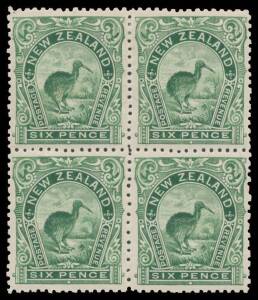 New Zealand: 1898 Pictorials London Printings with No Watermark Perf 12-16 6d green Kiwi SG 254 block of 4, well centred, large-part o.g. with the lower units being unmounted, Cat Â£260++ ($NZ1900++). A delightful multiple. RPSofNZ Certificate (2016) sta