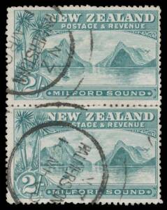 New Zealand: 1898 Pictorials London Printings with No Watermark Perf 12-16 2/- grey-green SG 258 vertical pair, 'NZ/PALMERTSON/16MR00' cds, Cat Â£280+. Scarce multiple.