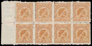 New Zealand: 1899-1903 Pictorials Local Printings with No Watermark Perf 11 3d Huia SG 261 marginal block of 8 from the left of the sheet, the upper row Officially Substituted with a strip of 4 imperf at left & base then reperforated vertically & between