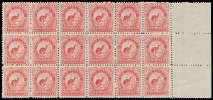 New Zealand: 1899-1903 Pictorials Local Printings with No Watermark Perf 11 6d rose-red Kiwi with 'LISBON/SUPERFINE' Papermarker's Watermark (Inverted) SG 265cd (CP #E14dY) marginal block of 18 (6x3) from the right of the sheet with a complete impression