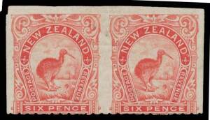 New Zealand: 1899-1903 Pictorials Local Printings with No Watermark Perf 11 6d scarlet Kiwi horizontal pair as SG 265da (CP #E14cX) - imperforate vertically - but Imperforate Three Sides, minor imperfections, large-part o.g. Unlisted thus in the catalogu